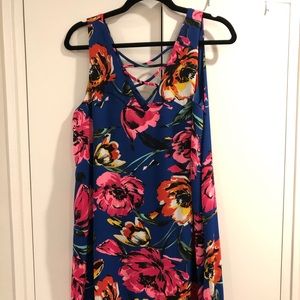 Floral cocktail dress. Blue with pink flowers.